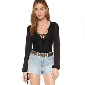 For Love and Lemons Kate Bodysuit Black Tassels Bell Sleeves Plunging V-neck S